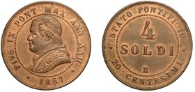 PIO IX (1846-1870) -
Da 4 soldi 1866 A. XXI.
Busto a s. con zucchetto, mozzetta e stola. R/ Valore. Gig. 316 g. 19,86
Debolezze marginali.
 rame
...