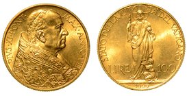 PIO XI (1929-1938). VATICANO - 100 lire 1929/VIII. Busto a d. con zucchetto e piviale. R/ Cristo Re. Gig. 1.
g. 8,80
 oro
Raro
(no iva sul margine...
