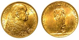 PIO XI (1929-1938). VATICANO - 100 lire 1932/XI. Busto a d. con zucchetto e piviale. R/ Cristo Re. Gig. 4.
g. 8,80
Raro
 Piccolo colpo
 oro
(no i...