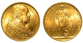 PIO XI (1929-1938). VATICANO - 100 lire 1933-34 A. Jub. Busto a d. con zucchetto e piviale. R/ Cristo Re. Gig. 5.
g. 8,80
 Raro
oro
 (no iva sul m...