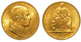 PIO XII (1939-1958) - 100 lire (secondo tipo) 1947 / a. IX. Busto a d. con zucchetto e stola. R/ La Carità. Gig. 105
g. 5,23
 Molto raro
 oro
 q.F...