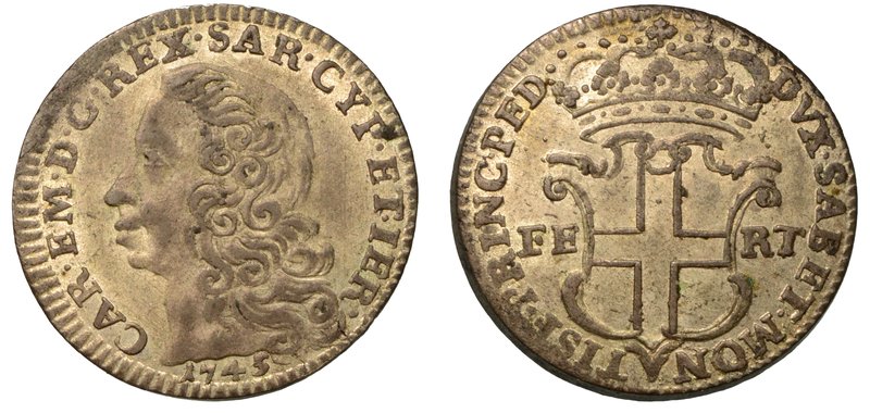 SAVOIA. Carlo Emanuele III (1730-1773) - Da 5 soldi 1745. Testa del re a s.; sot...
