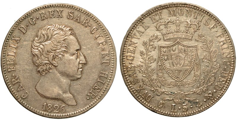 SAVOIA. Carlo Felice (1821-1831) – 5 lire 1826 Genova. Busto a d. R/ Stemma saba...