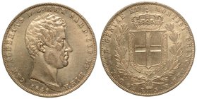 SAVOIA. Carlo Alberto (1831-1849) – 5 lire 1849 Genova. Busto a d. R/ Stemma sabaudo. Gig. 89
g. 24,94
Segni nel campo del diritto.
 arg
 q.SPL