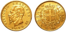 SAVOIA.
Vittorio Emanuele II (Regno d'Italia: 1861-1878) - 20 lire 1875 Roma.. Busto a s. R/ Scudo coronato, ornato del collare dell'Annunziata, tra ...