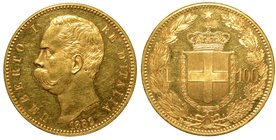 SAVOIA.
Umberto I (1879-1900) -
100 lire 1882. Busto a s. R/ Scudo coronato, ornato del collare dell'Annunziata, tra due rami di lauro. Gig. 2
 Mol...