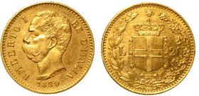 SAVOIA.
Umberto I (1879-1900) - 20 lire 1880. Busto a s. R/ Scudo coronato, ornato del collare dell'Annunziata, tra due rami di lauro. Gig. 10
 g. 6...
