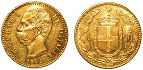 SAVOIA.
Umberto I (1879-1900) - 20 lire 1889. Busto a s. R/ Scudo coronato, ornato del collare dell'Annunziata, tra due rami di lauro. Gig. 18
 Raro...
