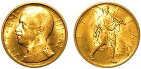 SAVOIA. Vittorio Emanuele III (1900-1946) -
50 lire 1933/XI. Littore. Busto a s. R/ Littore andante a d. Gig. 23
g. 4,41
oro
 Raro
 SPL/q.FDC