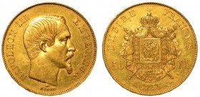 FRANCIA. Napoleone III (1852-1870) 50 Franchi 1855. Parigi. Testa a d. R/ Stemma coronato. K 785.1 g 16.13
Segni di contatto sui bordi
oro
(no iva ...