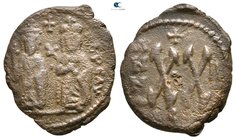Phocas, with Leontia AD 602-610. Antioch. Half follis Æ