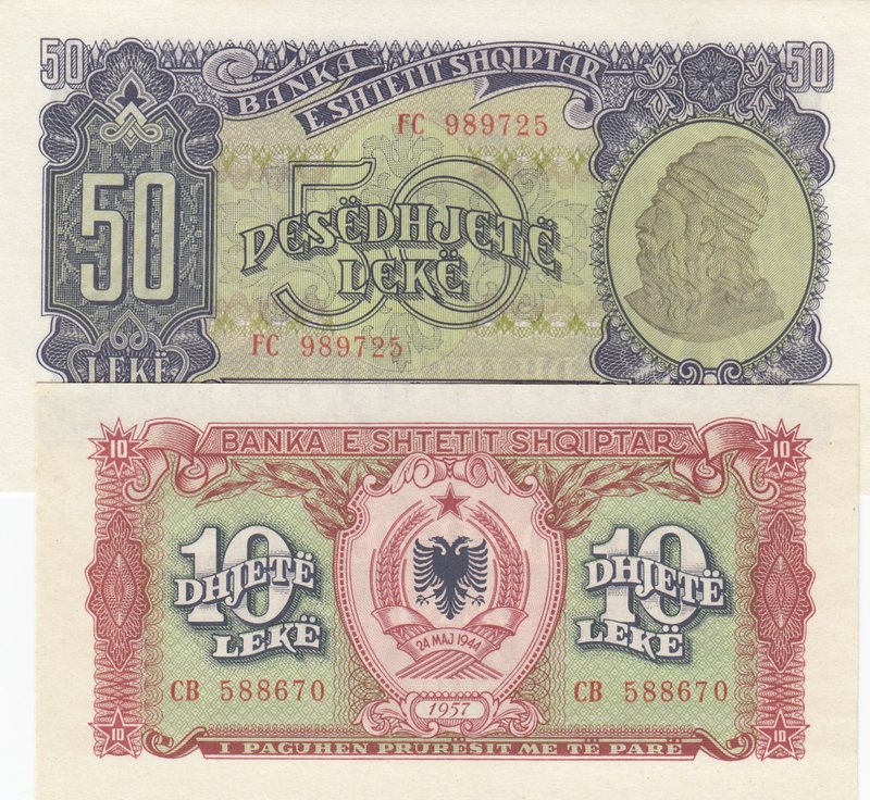 Albania, 10 Leke and 50 Leke, 1957, UNC, p27, p28, (Total 2 banknotes)
serial n...
