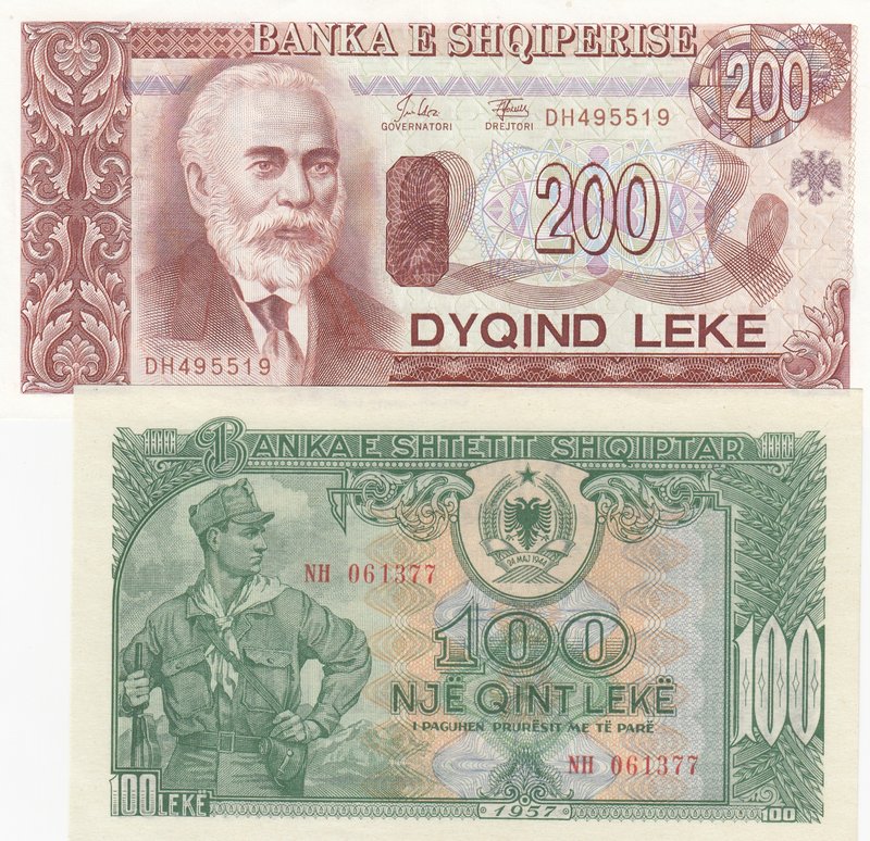 Albania, 100 Leke and 200 Leke, 1957/1992, UNC, p30, p52, (Total 2 banknotes)
s...