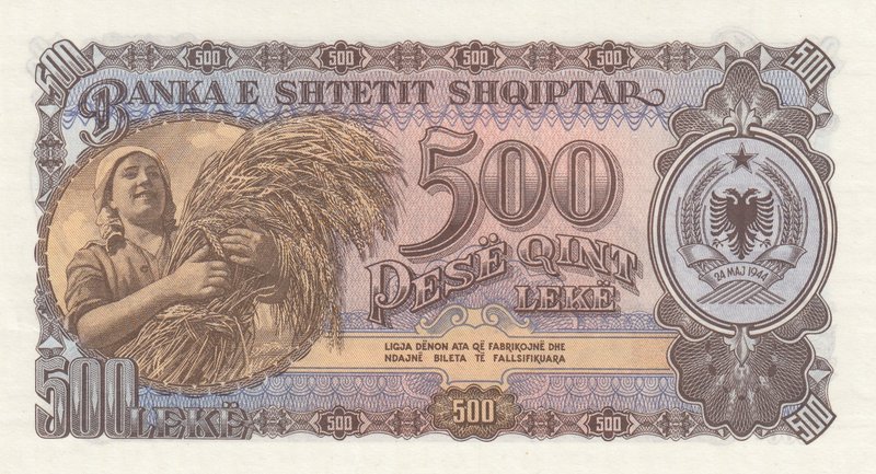 Albania, 500 Leke, 1957, UNC, p31a
serial number: PH 123452
Estimate: 10.-20