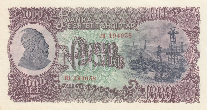 Albania, 1.000 Leke, 1957, UNC, p37
serial number: TH 194058
Estimate: 15-30