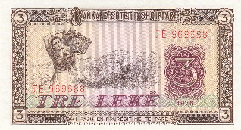 Albania, 3 Leke, 1976, UNC, p41
serial number: 969688
Estimate: 5.-10
