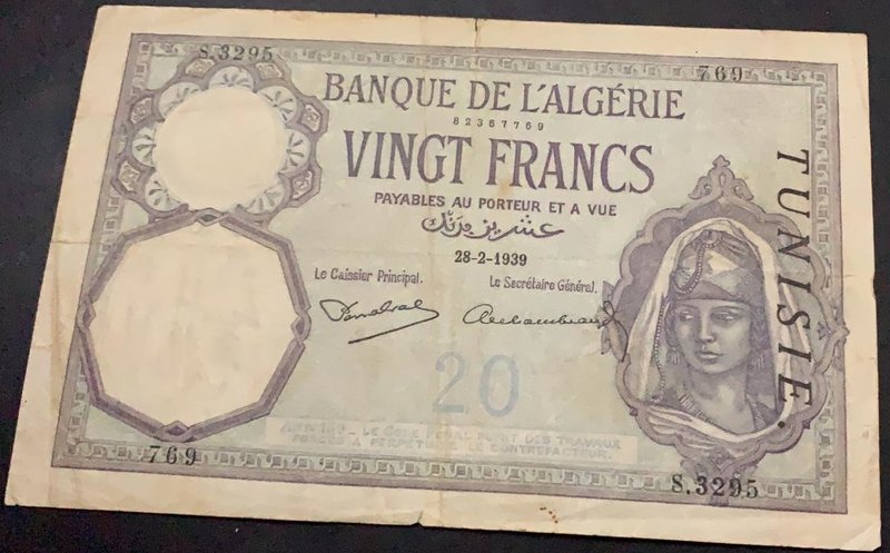 Algeria, 20 Francs, 1939, FINE, p78c
serial number: 769/8.3295
Estimate: 25-50