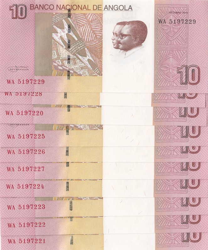 Angola, 10 Kwanzas, 2012, UNC, p151b, (Total 10 consecutive banknotes)
serial n...