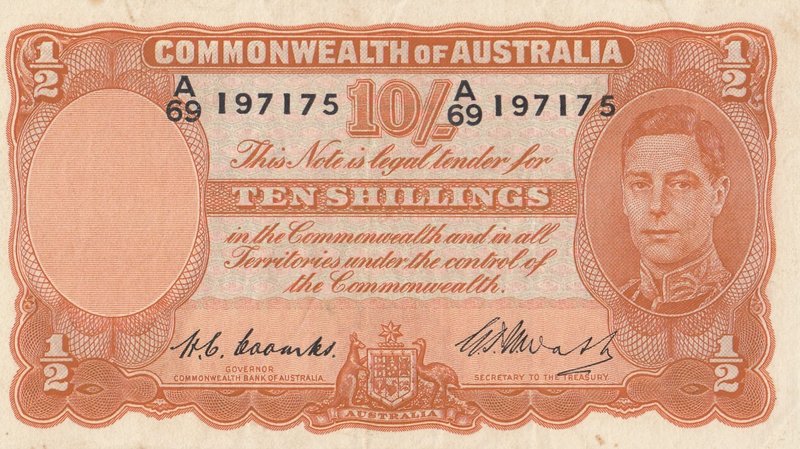 Australia, 10 Shillings, 1949, XF, p25c
King George VI portrait, serial number:...