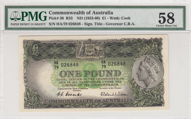 Australia, 1 Pound, 1953, AUNC, p30
PMG 58, Queen Elizabeth II portrait, serial...