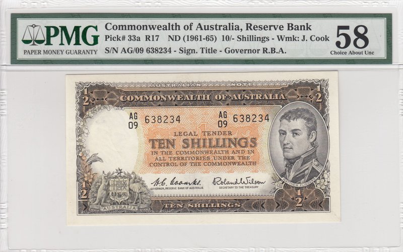 Australia, 10 Shillings, 1961-65, AUNC, p33a
PMG 58, serial number: AG/09 63823...