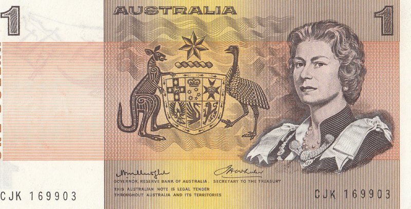 Australia, 1 Dollar, 1974, UNC, p42a
Queen Elizabeth II portrait, serial number...
