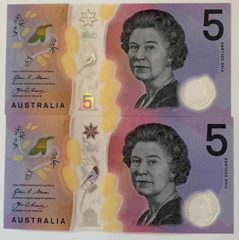 Australia, 5 Dollars, 2016, UNC, p62a, TWIN SERIAL NUMBERS, (Total 2 banknotes)...