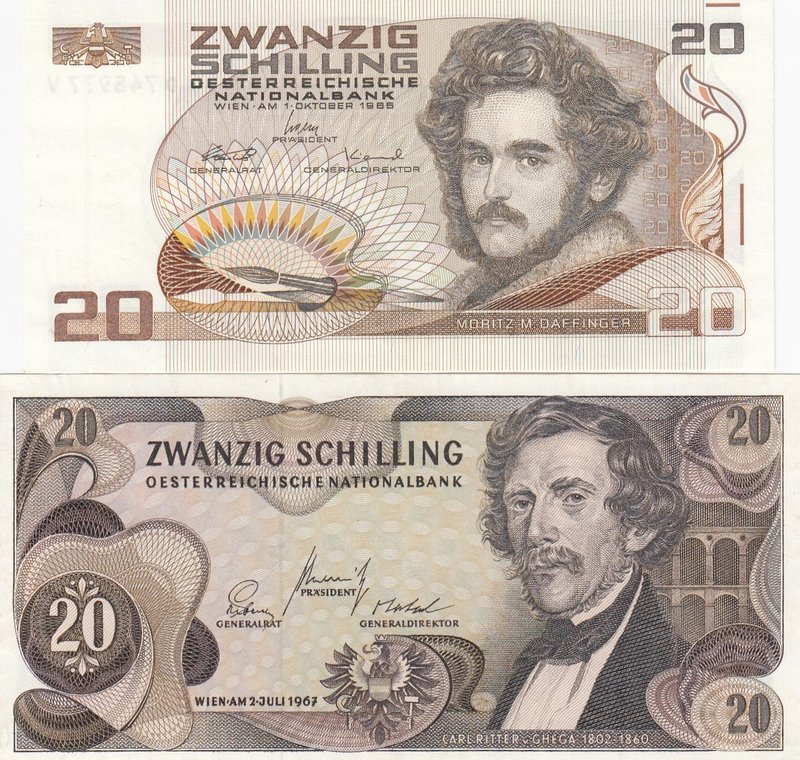 Austria, 20 Shillings (2), 1967/1986, AUNC, p142, p148, (Total 2 banknotes)
ser...