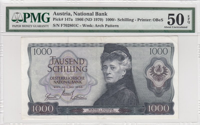 Austria, 1.000 Shillings, 1970, AUNC, p147a
PMG 50 EPQ, serial number: F702801C...