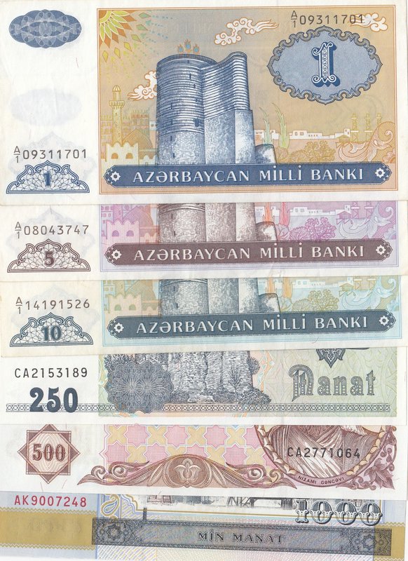 Azerbaijan, 1 Manat, 5 Manat, 10 Manat, 250 Manat, 500 Manat and 1.000 Manat, 19...