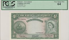 Bahamas, 4 Shillings, 1953, UNC, p13a
PCGS 64, Queen Elizabeth II portrait, serial number: A/1 579600
Estimate: 250-500