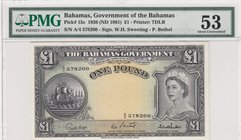 Bahamas, 1 Pound, 1961, AUNC, p15c
PMG 53, Queen Elizabeth II portrait, serial number: A/4 578200
Estimate: 250-500