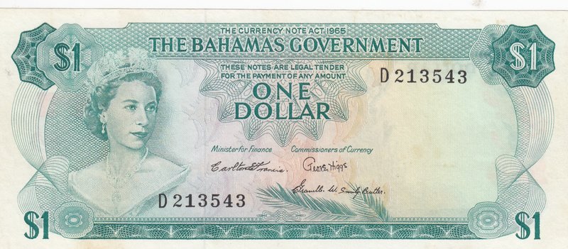 Bahamas, 1 Dollar, 1965, XF, p18b
Queen Elizabeth II portrait, serial number: D...