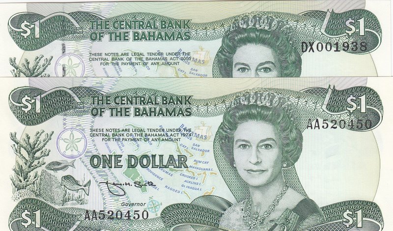 Bahamas, 1 Dollar (2), 1984, UNC, p43a, p43b, (Total 2 banknotes)
Queen Elizabe...