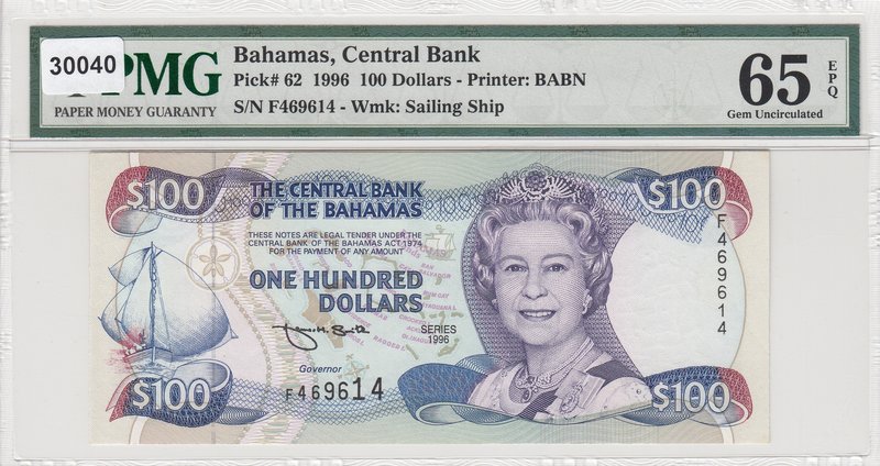Bahamas, 100 Dollars, 1996, UNC, p62
PMG 65 EPQ, Queen Elizabeth II portrait, s...