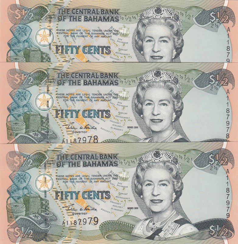 Bahamas, 50 Cents, 2001, UNC, p68, (Total 3 consecutive banknoteses)
Queen Eliz...