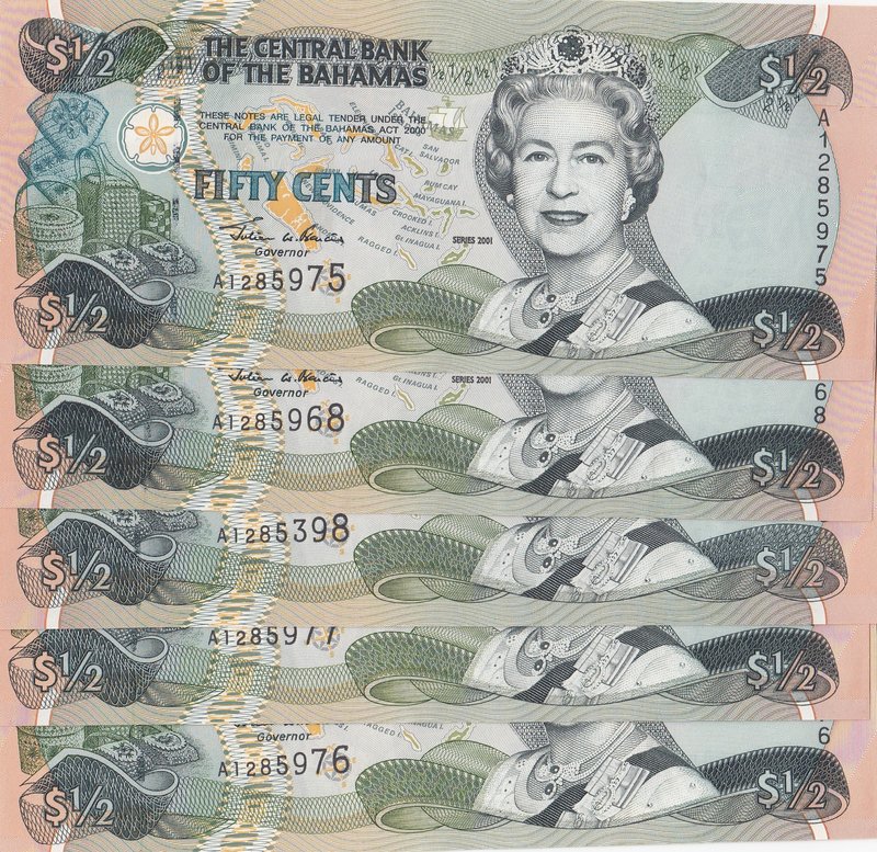 Bahamas, 50 Cents, 2001, UNC, p68, (Total 5 banknotes)
Queen Elizabeth II portr...