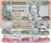 Bahamas, 50 Cents, 1/2 Dollar, 1, Dollar and 3 Dollars, 2001/2019, UNC, (Total 4 banknotes)
Queen Elizabeth II portrait, serial numbers: A1 183857, A...