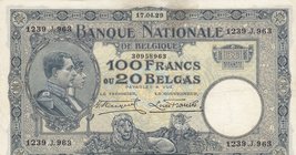 Belgium, 100 Francs or 20 Belgas, 1929, XF, p102
serial number: 1239.J.963
Estimate: 25-50