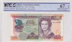 Belize, 50 Dollars, 2010, UNC, p70d , "High Condition"
PCGS 67 EPQ, Queen Elizabeth II portrait, serial number: DH 616264
Estimate: 100-200
