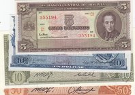 Bolivia, 5 Bolivianos, 10 Bolivianos (2) and 50 Bolivianos, 1945/1962, UNC, (Total 4 banknotes)
Estimate: 20.-40