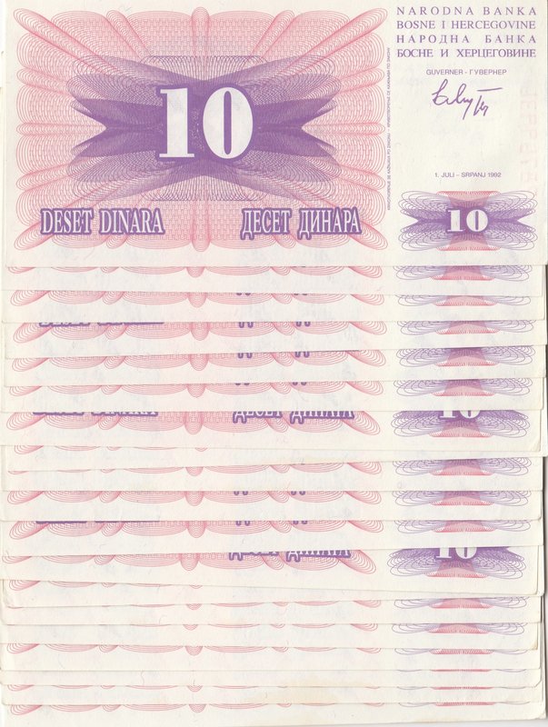 Bosnai Herzegovina, 10 Dinara, 1992, UNC, p10, (Total 21 banknotes)
Estimate: 1...
