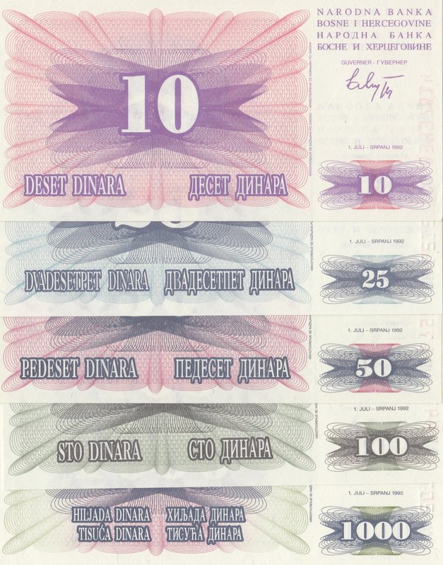 Bosnia-Herzegovina, 10 Dinara, 25 Dinara, 50 Dinara, 100 Dinara and 1.000 Dinara...