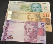 Brazil, 5 Reais, 50 Reais and 500 Cruzados, 1988/2010, UNC, p212d, p253, p256, (Total 3 banknotes)
serial numbers: BE064372483, IB014739450, A7474074...