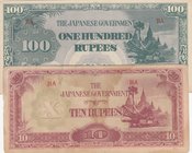 Burma, 10 Rupee and 100 Rupee, 1944, XF / UNC, p16, p17, (Total 2 banknotes)
Banknote printed in the Japanese occupation series of World War II, 100 ...