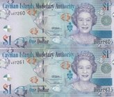 Cayman Islands, 1 Dollar, 2010, UNC, p38c, (Total 2 consecutive banknotes)
Queen Elizabeth II portrait, serial numbers: D/2 407260-61
Estimate: 10.-...