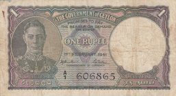 Ceylon, 1 Rupee, 1941, FINE, p30
serial number: a/1 606865
Estimate: 25-50