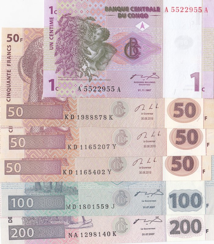 Congo, 1 Centime, 50 Francs (3), 100 Francs and 200 Francs, 1997/2013, UNC, (Tot...