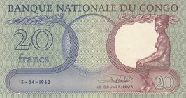 Congo Democratic Republic, 20 Francs, 1962, UNC, p4
serial number: T 546576
Estimate: 75-150