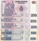 Congo Democratik Republic, 200 Francs (3) and 500 Francs (2), 2013, UNC, p96, p99, (Total 5 consecutive banknotes)
serial numbers. NC 8724370P -72P a...
